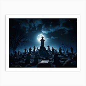 A Haunting View Of A Tomb Silhouetted Against The Night Sky A Gravestone With The Cross Engraved W (7) Art Print