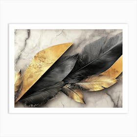 Golden And Black 3d With Feathers and Triangles on a Marble Art Print