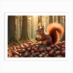 Red Squirrel Sitting On A Log Surrounded By Acorns In A Forest 6 Art Print