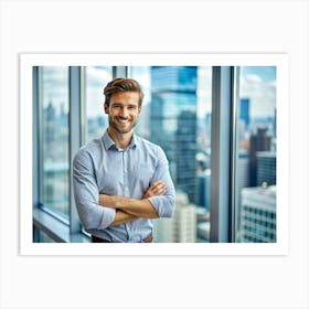 Smiling Businessman With Arms Crossed Standing By A Window Art Print