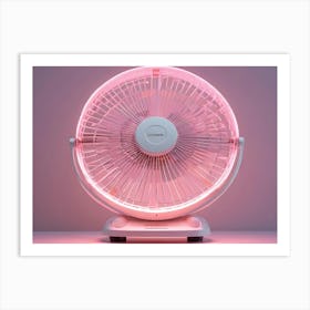 An Image Of A White, Electric Fan With Pink Led Lights Against A Light Pink Background Art Print