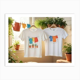 Two White T Shirts With Colorful Illustrations Of Potted Plants And Hanging Laundry Art Print