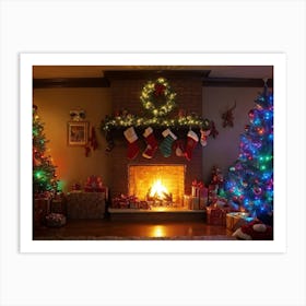 Cozy Christmas Eve Setting Crackling Fireplace Aglow In Living Room Corner Sparkling Tree Adorned (1) 2 Art Print