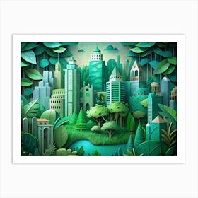 Green Papercraft City In A Forest Art Print