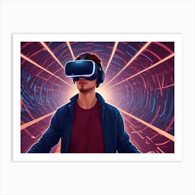 Young Man Wearing A Vr Headset Standing In A Futuristic Tunnel With Glowing Lines Art Print