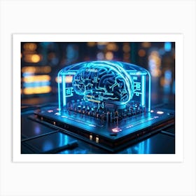 Cybernetic Brain Computer Interface Glowing With Neon Circuitry Entwined With Holographic Digital S (5) Art Print