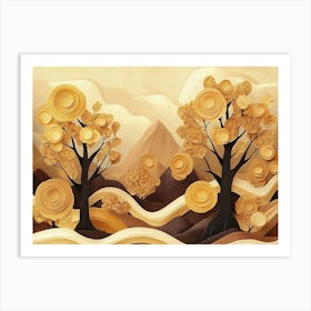 3d Painting Artwork Landscape Forest Golden Tree Brown Art Is Mountains Art Print