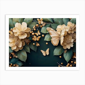 Luxurious Background with Flowers Leaves and Butterflies 1 Art Print