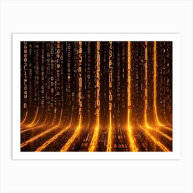 Streams Of Golden Binary Code Flow Down Against A Black Background, Creating A Sense Of Depth And Movement In Digital Space Art Print