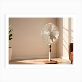 A White Standing Fan With A Brown Base In A Living Room Setting, With A Brown Leather Sofa And A Green Plant In The Background Art Print