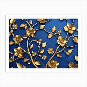 Elegant Gold and Royal Blue Floral Tree with Seamless Leaves and Flowers Art Print