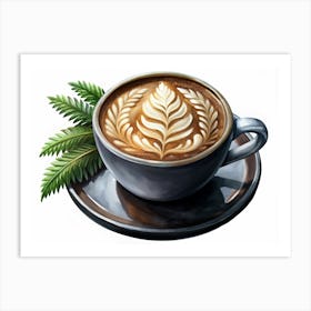 Latte Art In A Cup With Green Leaves Art Print