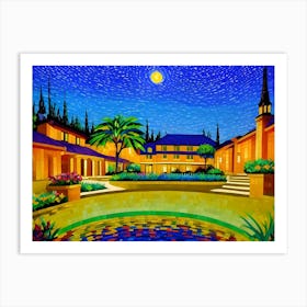 A picture of a bright mosaic of a house made up of several buildings, with a beautiful mosaic in the middle of the buildings. The moon shines on it in the evening. Art Print