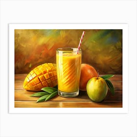 Glass Of Mango Smoothie With Fresh Mangoes Art Print