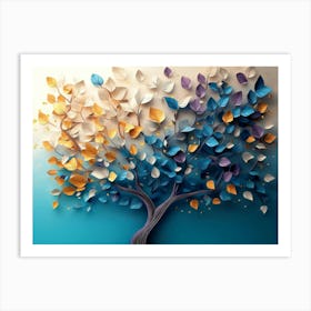 Colorful Tree With Leaves On Hanging Branches Of Blue, White And Golden Illustration Background 2 Art Print