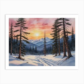 The Frozen Serenity of the Mountains Sunset In The Woods Art Print