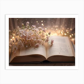 A Book With A Bouquet Of Pink Flowers On Top, Surrounded By Fairy Lights And A Soft, White Background Art Print