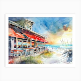 Watercolor Painting Of A Colorful Beachside Restaurant With Red Awnings Art Print