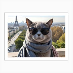 Cool Cat Wearing Sunglasses And Scarf With The Eiffel Tower In The Background Art Print