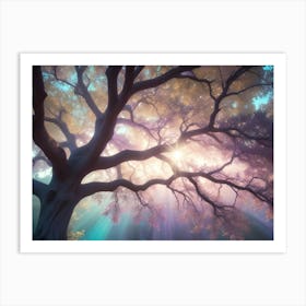 A Large, Gnarled Tree Stands In The Center Of A Misty Forest, Bathed In The Soft Light Of The Rising Sun, Creating A Mystical And Ethereal Scene Art Print