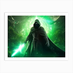 Mysterious sci-fi character wearing a flowing black cloak against a vibrant green explosion Art Print