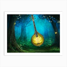 Enchanted Forest A Golden Hued Banjo Suspended Mid Air Tendrils Of Bioluminescent Fog Weaving Thro Art Print