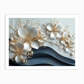 3d Artwork Illustration White and Blue Background with Golden Jewelry and Flowers 4 Art Print