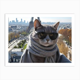 Cool Cat In Paris: A Grey Tabby Cat Wearing Sunglasses And A Scarf, Eiffel Tower In The Background Art Print