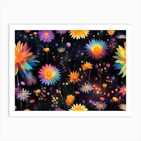 Colorful Flowers On Black Background Art Print