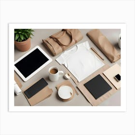 A Photo Of Various Items, Including A Tablet, A Phone, A Notebook, A Coffee Cup, A T Shirt, And A Bag, Arranged In A Flat Lay On A Gray Background Art Print