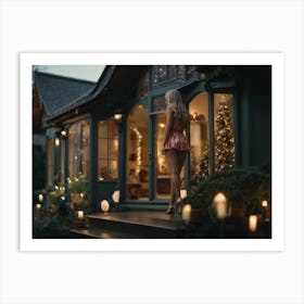 Lovely Lady Standing In Front Of House At Christmas Art Print