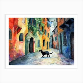 Black Cat In Vicenza, Italy, Street Art Watercolour Painting 1 Art Print