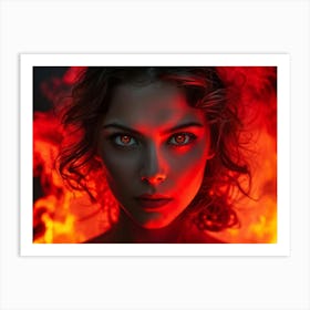 Portrait Of A Woman With Large Eyes Staring Powerfully Into The Lens Surrounded By Vivid Colors Of Art Print