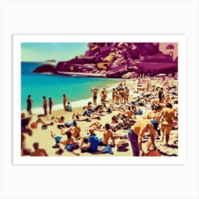 Vibrant digital painting depicting a crowded beach scene. The sandy shore is filled with people, some sunbathing, others chatting, and a few wading in the clear turquoise water. The background features a rocky cliff face with a hint of purple and orange hues, adding a touch of drama to the otherwise sunny and carefree atmosphere. Art Print