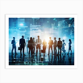 Silhouettes Of Businesspeople Standing Against A Futuristic Cityscape Background With Holographic Graphs, Charts, And Data Visualizations Art Print