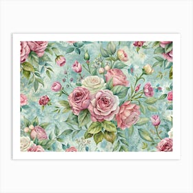 Watercolor Seamless Pattern With Pink Roses And Watercolor Background Art Print