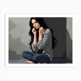 Young Woman With Long Black Hair Sitting On Floor Art Print