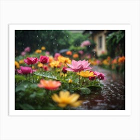 Lotus Flower In Rain Art Print