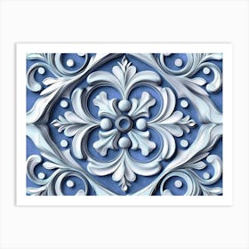 Seamless Relief Sculpture Ation Retro Pattern Blue Spiral Curve Cross Dot Line Frame Plant Flower Art Print