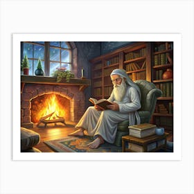 Old Man Reading By Fireplace Art Print