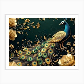 3d Peacock with Golden Jewelry art and Flowers Affiche