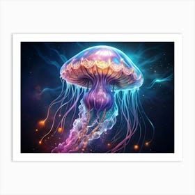 Glowing, Multicolored Jellyfish In A Dark, Cosmic Background Art Print