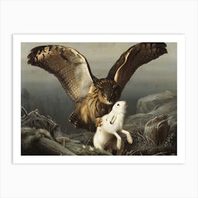 Vintage Painting Owl And Rabbit Art Print