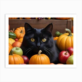 Black Cat Sitting In A Pile Of Pumpkins And Apples Art Print