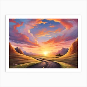 A Country Road Trough A Mountain Region With Some Green And Sun Dawn Wich Is Reflected By The Clouds - Vivid Color Painting Art Print