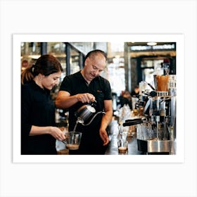 Barista Focused On Pouring Water Into A Step By Step Dripper Amid The Bustling Ambiance Of A Busy C 2 1 Art Print