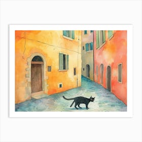 Black Cat In Brescia, Italy, Street Art Watercolour Painting 1 Art Print