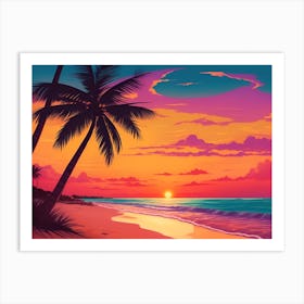 A Tranquil Beach At Sunset Horizontal Illustration 67 Art Print