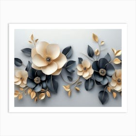 3d Featuring A Minimalistic Floral Design With Modern Flowers Against A Gray Background Art Print