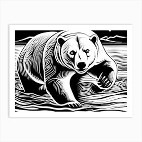 Polar Bear In The Water linocut art, animal art, 176 Art Print